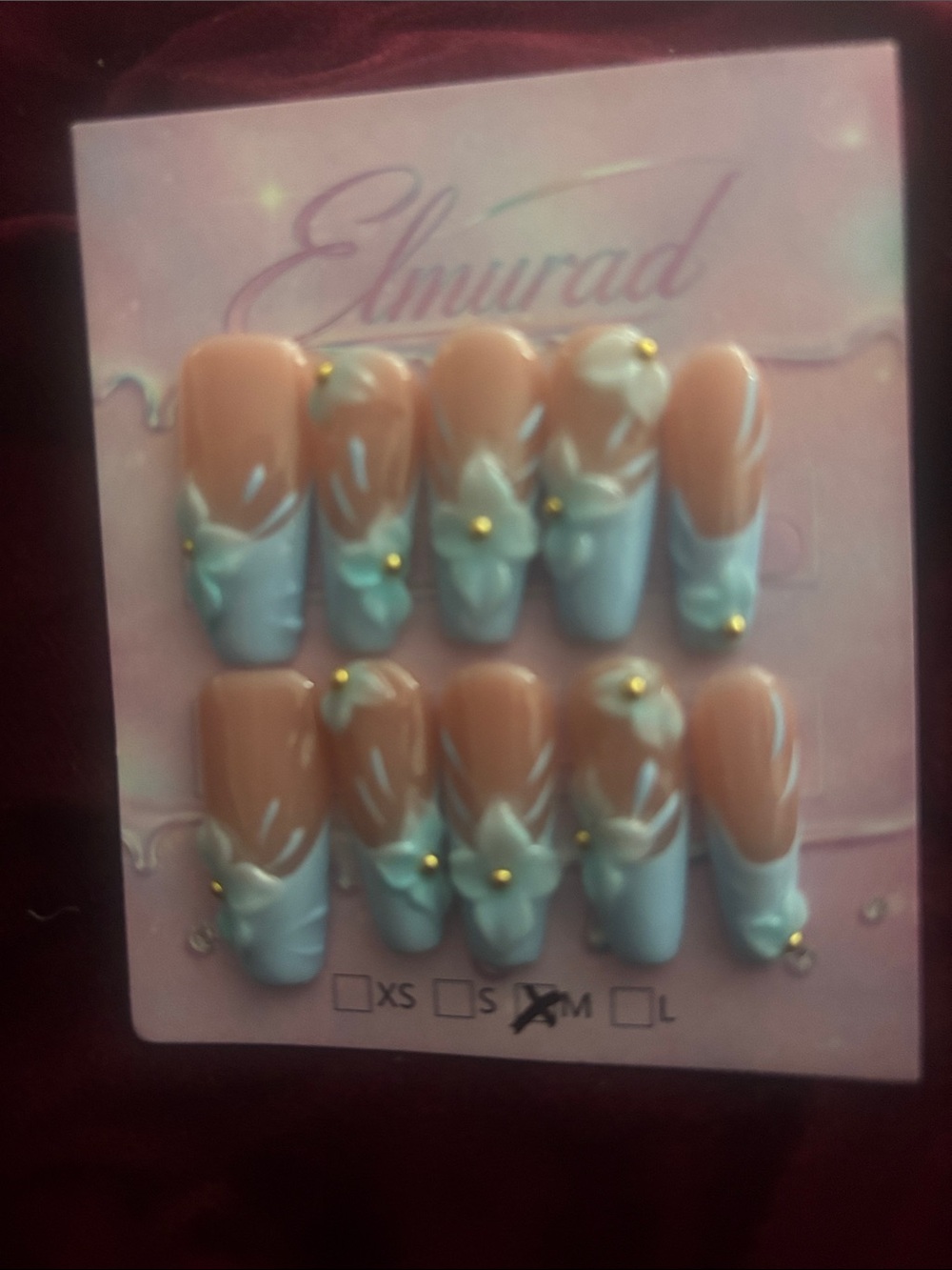 Murad Nude & Light Blue 3D Floral Press-On Nails with Gold Studs